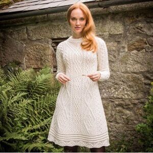 NWT The Irish Store Cream Skellig Aran Cable Knit Merino WOOL Sweater Dress M